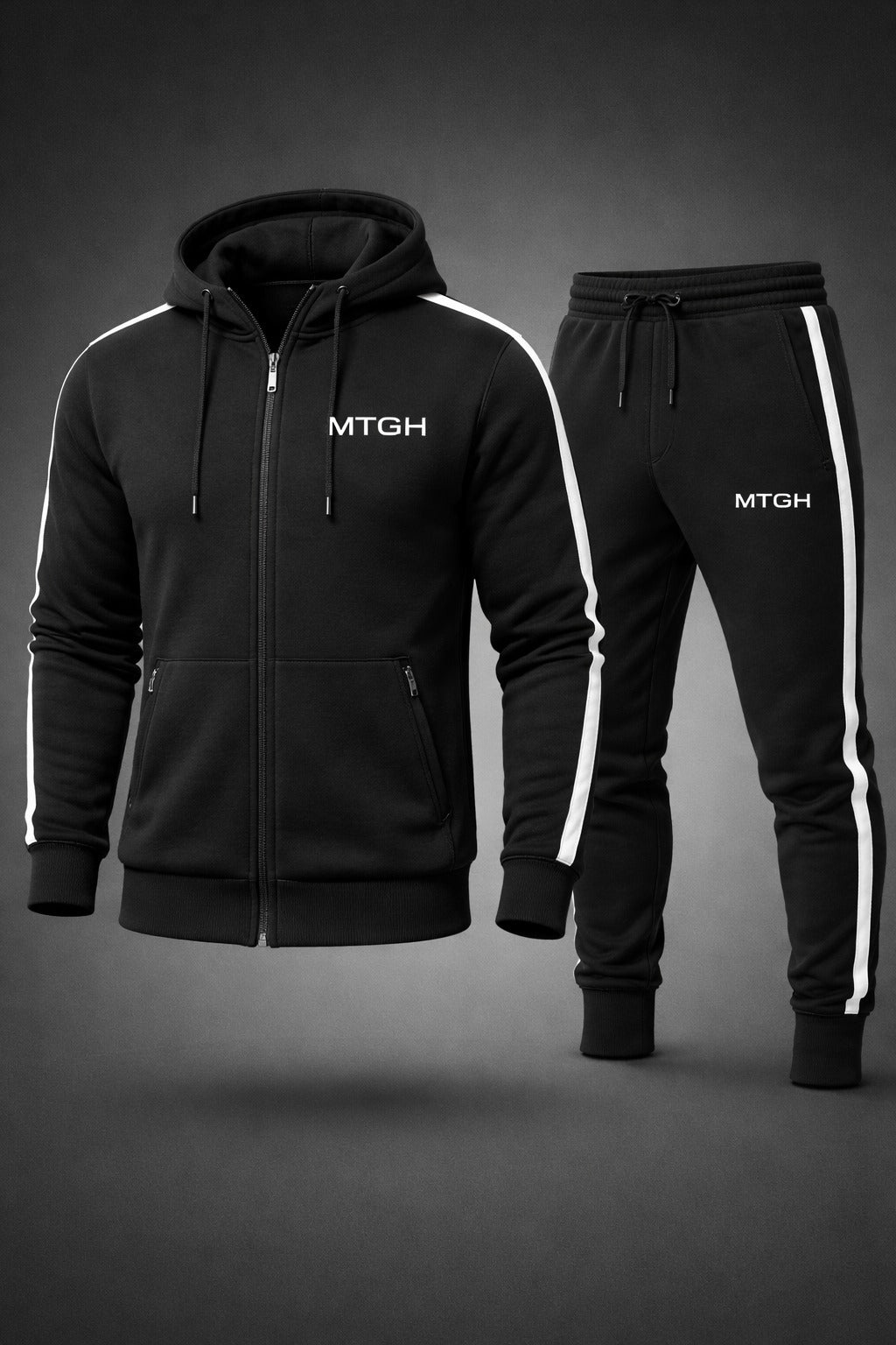 Black hoodie and pants set with 'MTGH' branding on a dark background